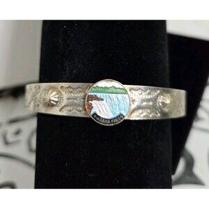 Vtg Niagara Falls Souvenir Cuff Bracelet Hand Stamped Enamel Badge Native Style